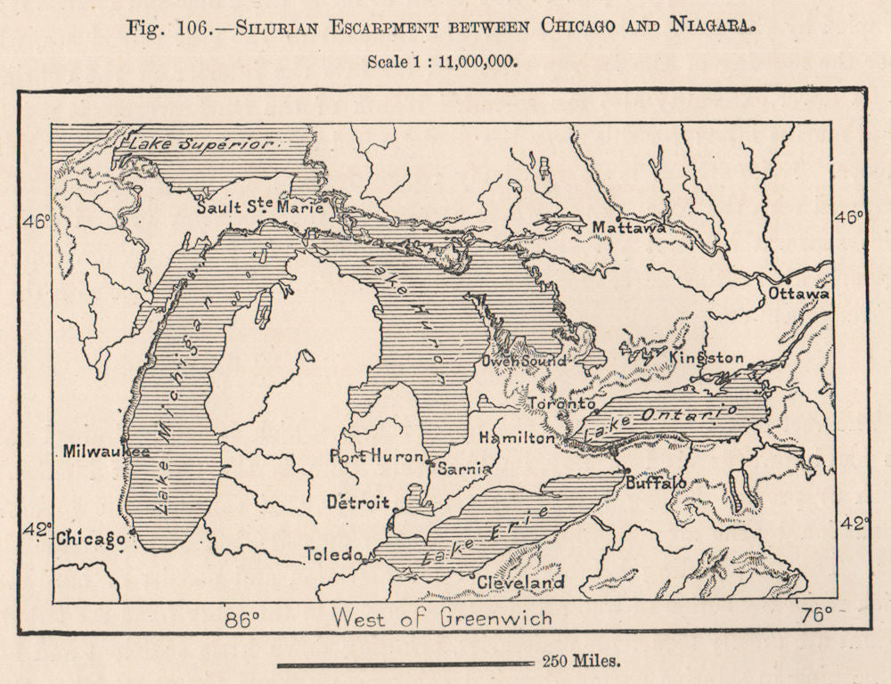 Silurian escarpment between Chicago & Niagara. Great Lakes. Canada 1885 map